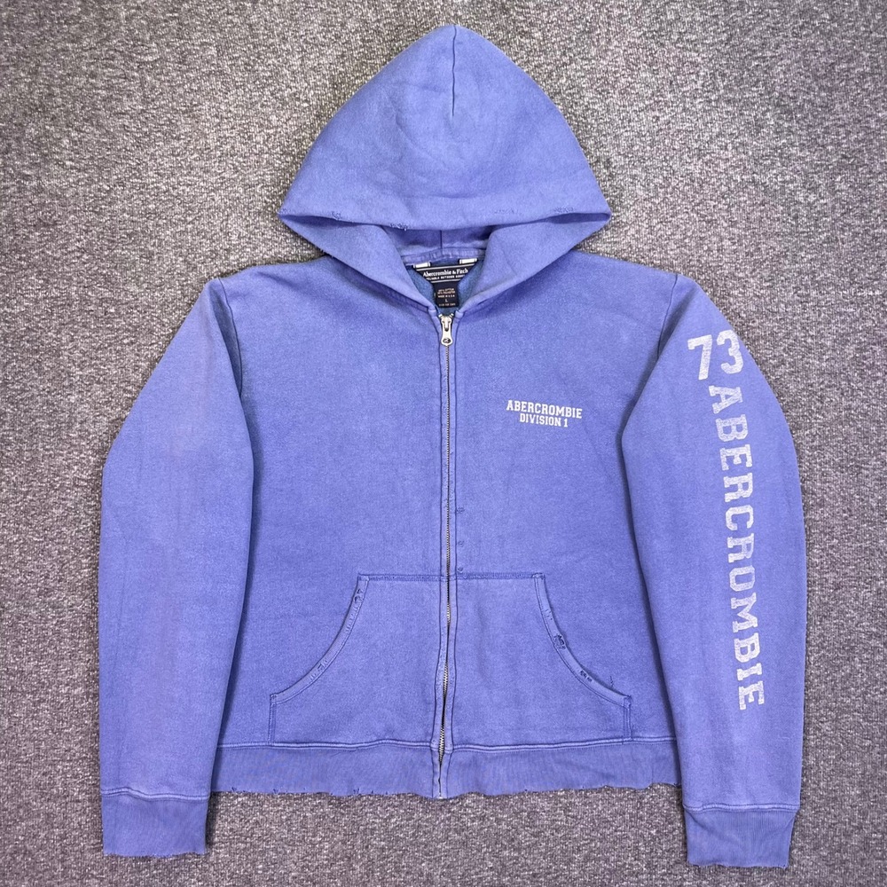 Abercrombie Zip Hoodie Mens L Blue Y2K Distressed Collegiate Graphic Vintage USA